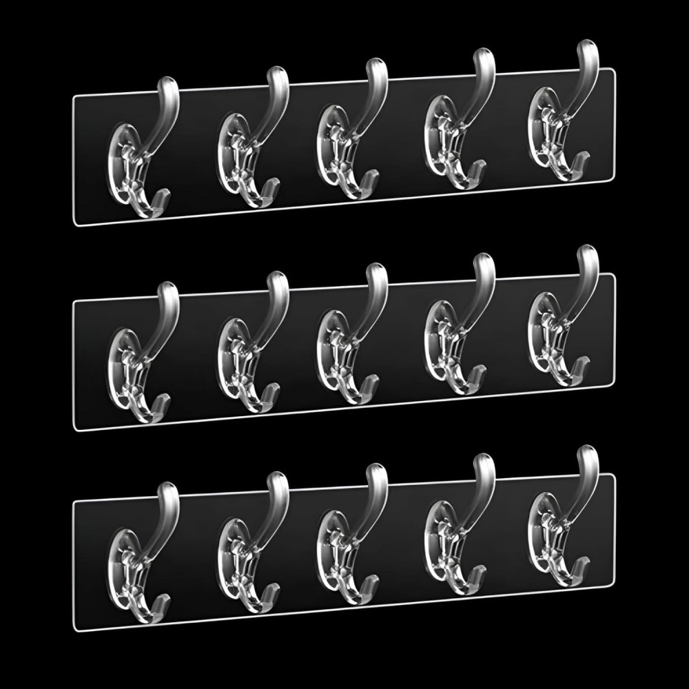 5 in 1 Self Adhesive Hook Sticker Strip for Wall Hanging, Heavy Duty Transparent Wall Hooks for Bathroom and Kitchen, Reusable Waterproof Sticky Hook Strips (5 Hook Sticker, Pack of 3)
