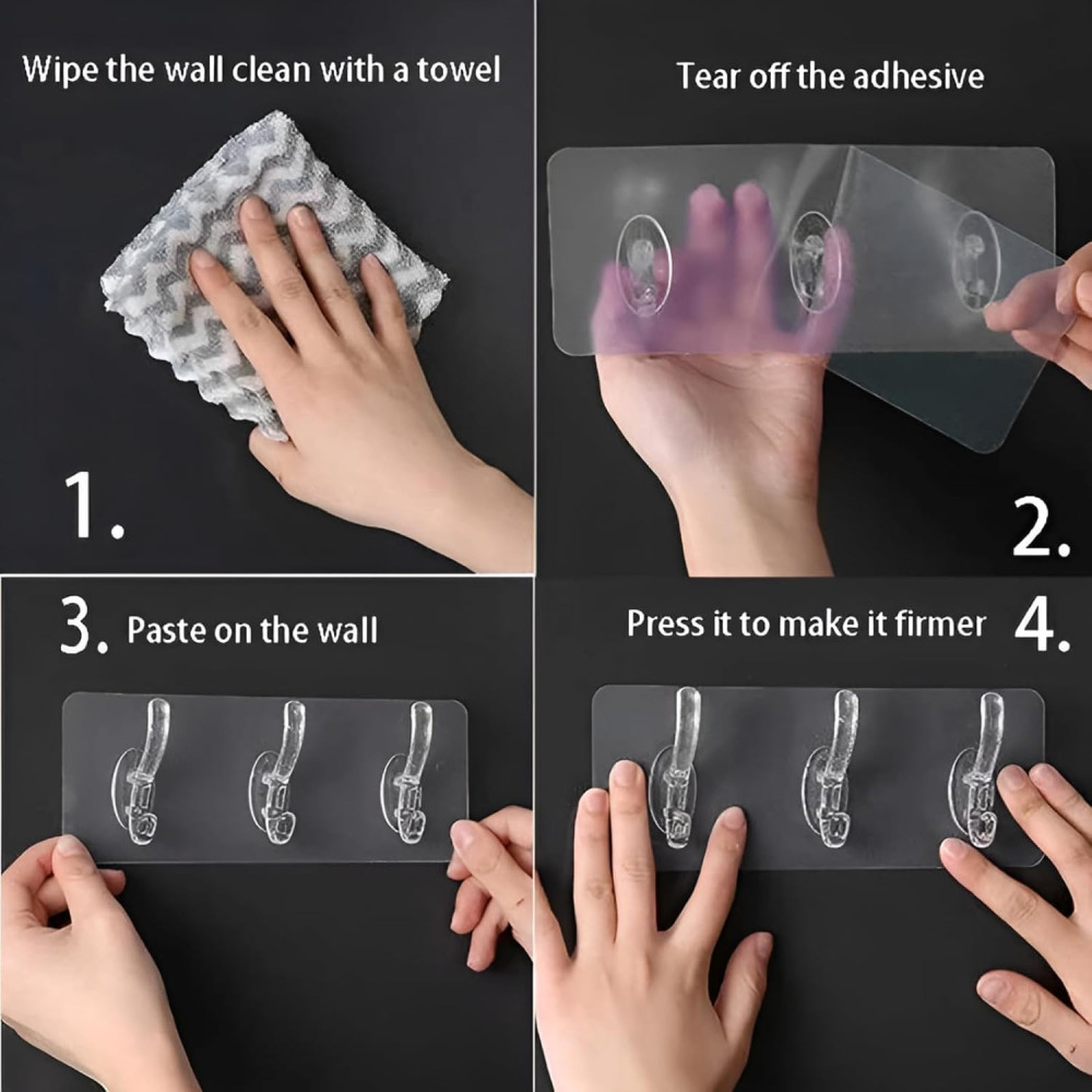 5 in 1 Self Adhesive Hook Sticker Strip for Wall Hanging, Heavy Duty Transparent Wall Hooks for Bathroom and Kitchen, Reusable Waterproof Sticky Hook Strips (5 Hook Sticker, Pack of 3)