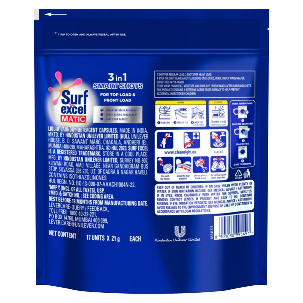Surf Excel Matic 3 In 1 Smart Shots 17 Pcs, Laundry Detergent Tablets Pods For Tough Stain Removal In Front Load & Top Load Washing Machines, Fragrance + Care