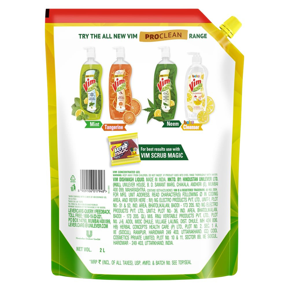 Vim Fresh Lemon Fragrance Dishwash Liquid Gel 2L Refill Pack|| Leaves No Residue|| Grease Cleaner For Utensils - Liquid Kitchen Soap Super Saver Offer