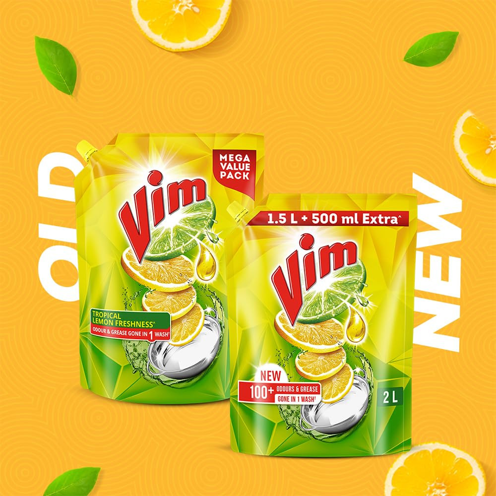 Vim Fresh Lemon Fragrance Dishwash Liquid Gel 2L Refill Pack|| Leaves No Residue|| Grease Cleaner For Utensils - Liquid Kitchen Soap Super Saver Offer