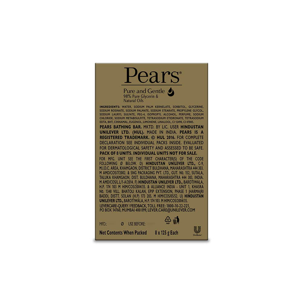 Pears Pure & Gentle Bathing Soap Bar 125 g (Combo Pack of 8) Moisturizing Glycerin Soap for Soft|| Glowing Skin & Body - Paraben Free|| For Men & Women
