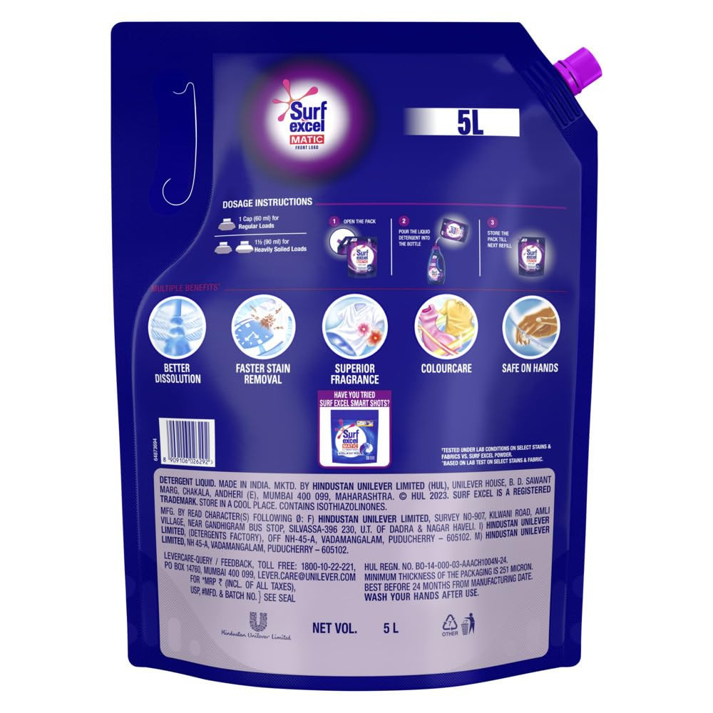 Surf Excel Matic Front Load Liquid Detergent 5L Refill Pouch, Specially designed to remove Tough Dried Stains, 1st time in Washing Machine