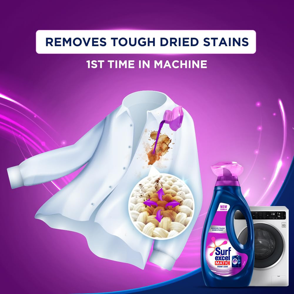 Surf Excel Matic Front Load Liquid Detergent 5L Refill Pouch, Specially designed to remove Tough Dried Stains, 1st time in Washing Machine
