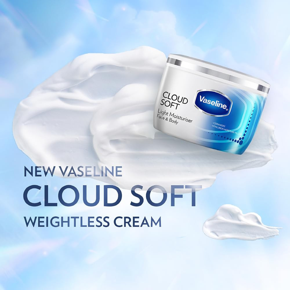 VASELINE Cloud Soft, Light Moisturiser, 200 ml, for Plump, Soft Skin, with Ceramides & Hyaluron Fillers, 10X Hydration Volume, Non-Sticky