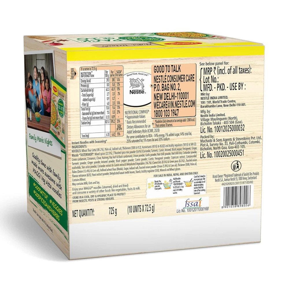 pack 10 MAGGI Masala Veg Atta Noodles|100% Atta